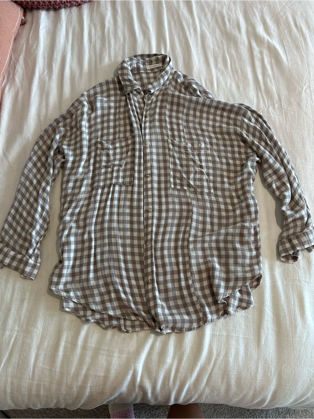Neuflora Relaxed Plaid Button-Down Shirt in Taupe and White